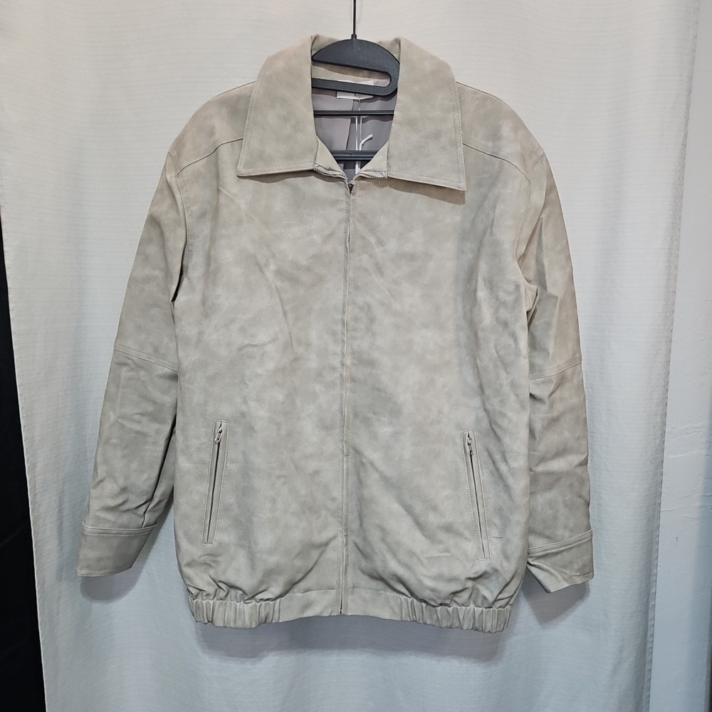 Storia Beige Tan Faux Leather Bomber Jacket Oversized Size Small Moto Preppy